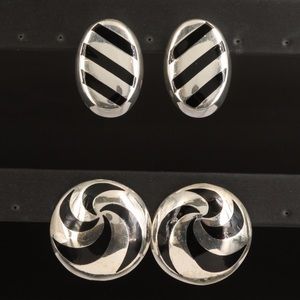Vintage Large Mexican Sterling Silver Black Inlay Earrings - 2 Pairs